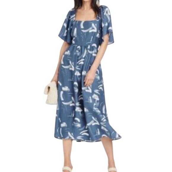 A New Day Blue Abstract Midi Dress | Size L | Open Back Tie - Picture 2 of 14